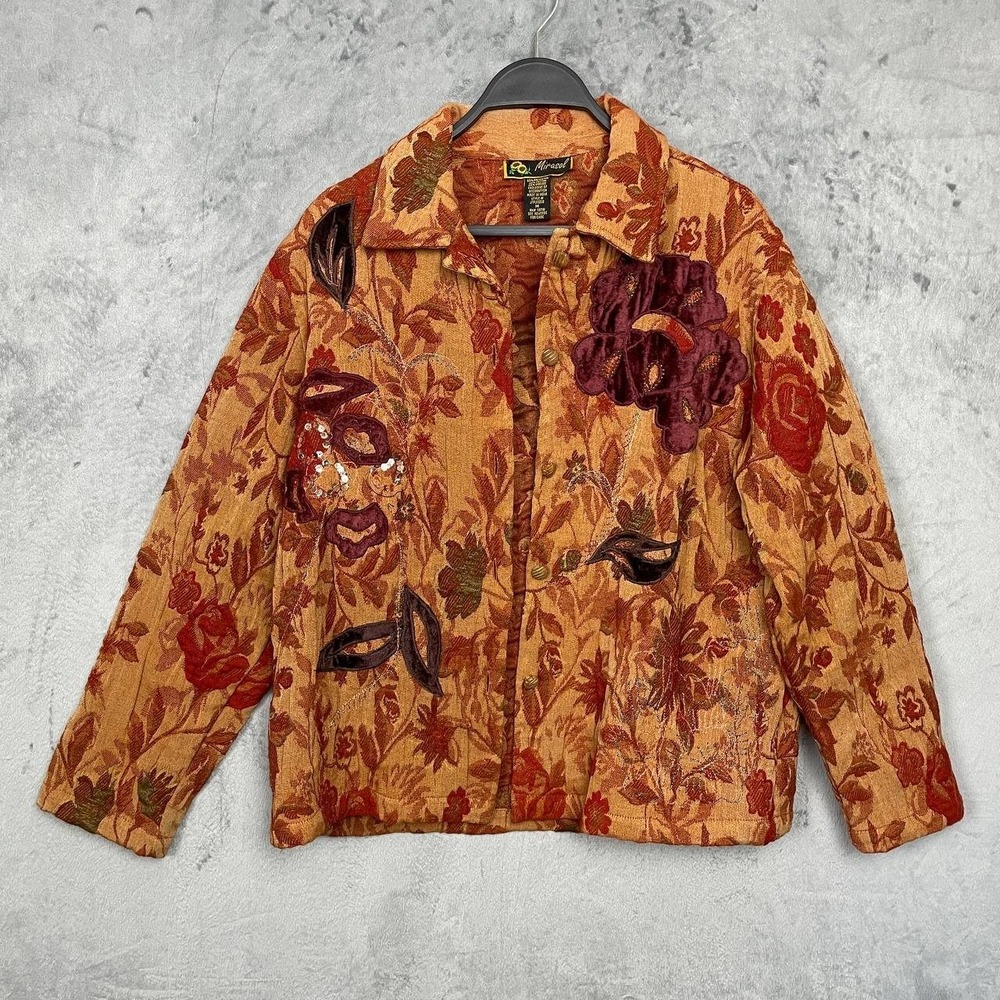 Whimsigoth Boho Velvet Appliqué Tapestry Floral Button Front Jacket Medium Fall